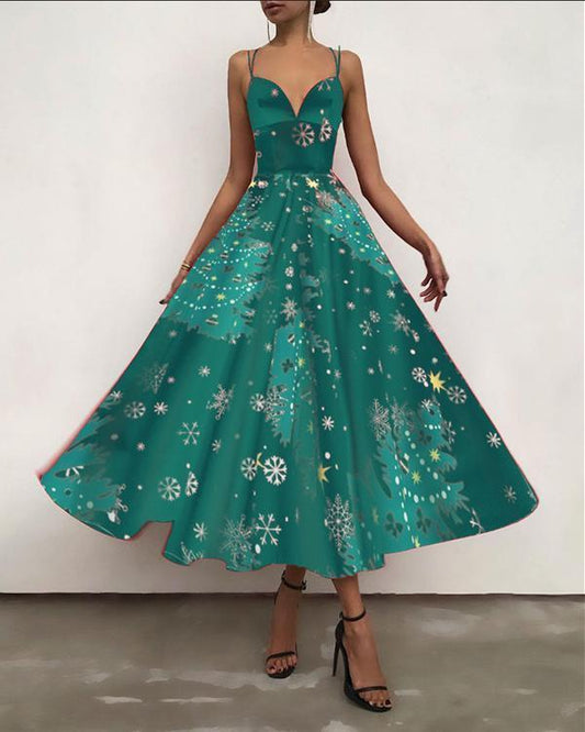women elegant open back print christmas party dress sling maxi swing dress