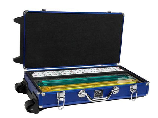 White Swan Mah Jongg- White Tiles - Modern Pusher Arms - Wheeled Aluminum Case - Blue