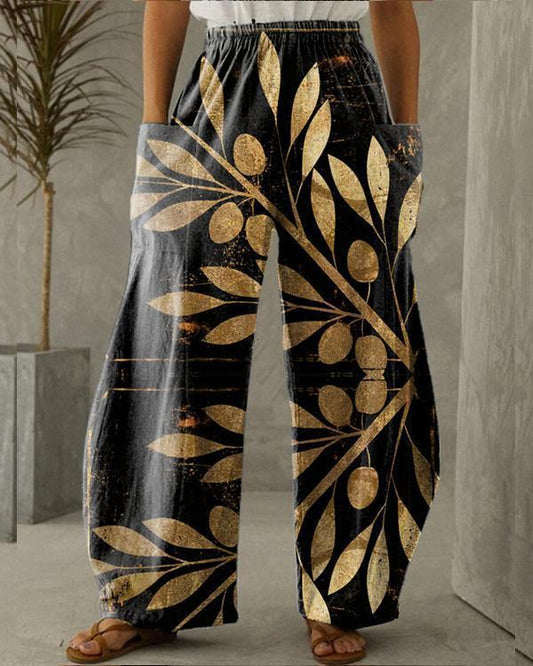 women cotton pure color pocket printing pants